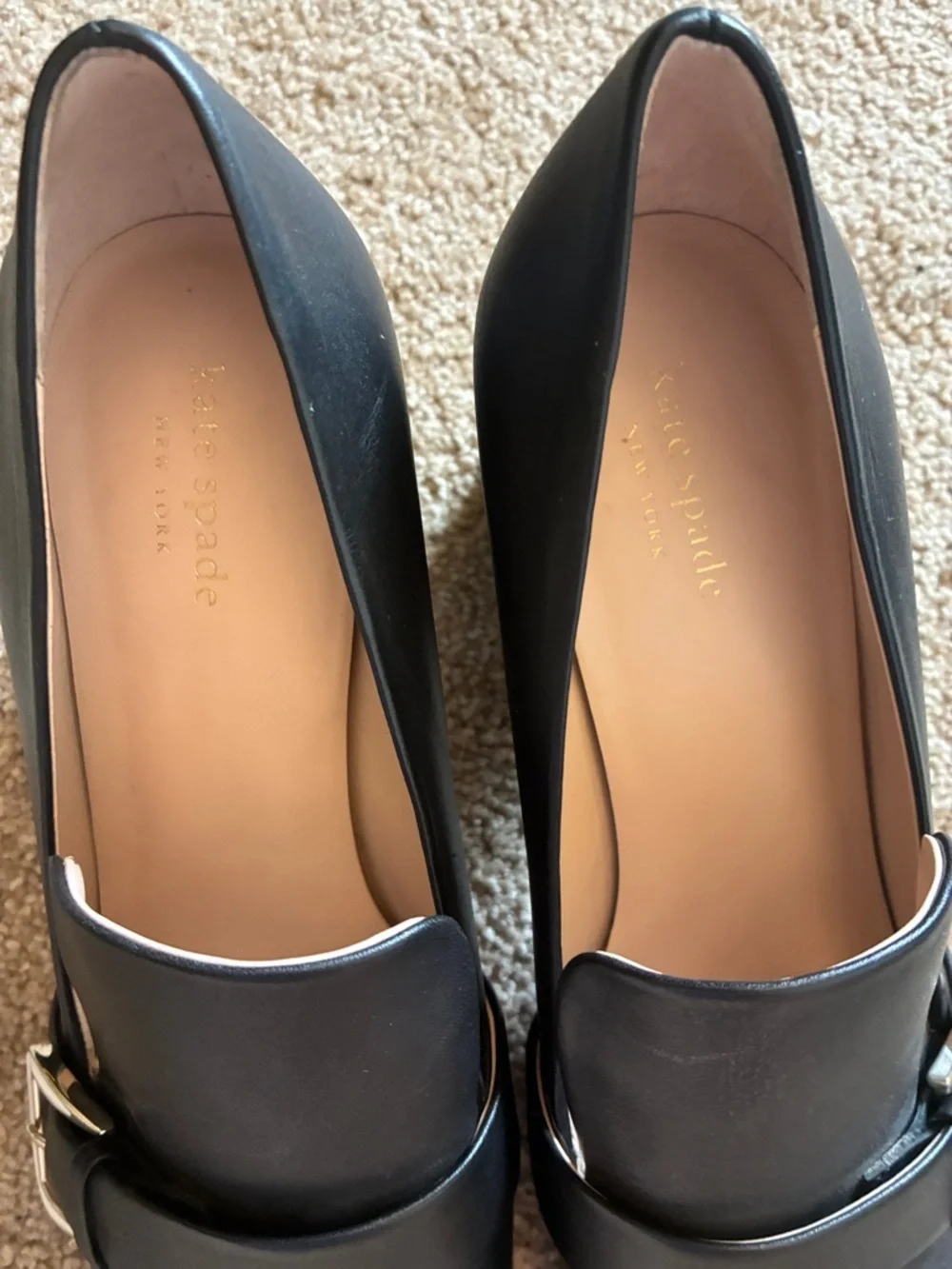 Kate Spade Black Leather Leandra Block Heel Loafers Buckle Pumps size 10
